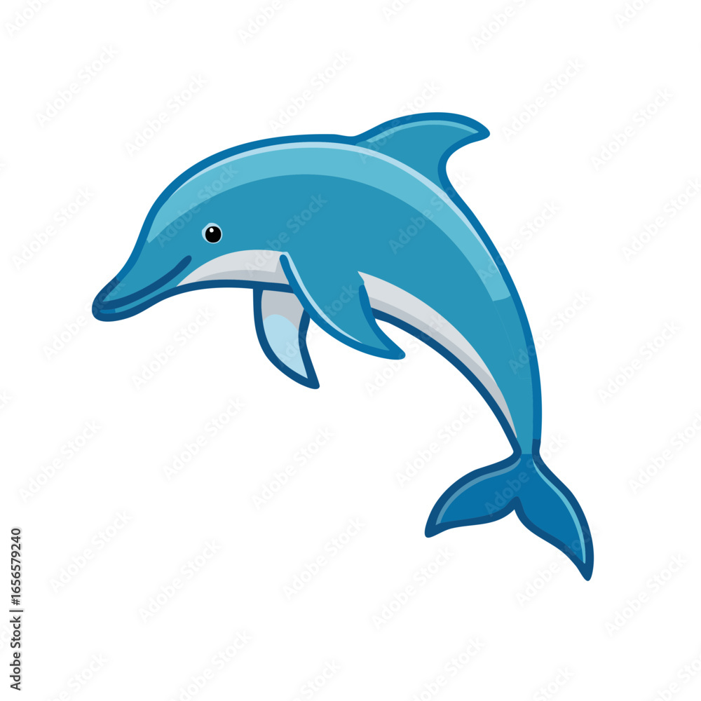 Fototapeta premium Cartoon Dolphin Swimming Gracefully Through the Water, Playful Marine Life in Blue Illustration