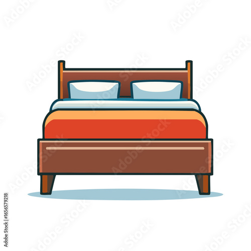 Cartoon style bed with orange duvet and white pillows, bedroom furniture vector illustration