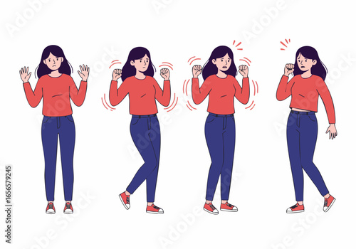 Animated sequence of a woman experiencing increasing anxiety and panic attack symptoms.