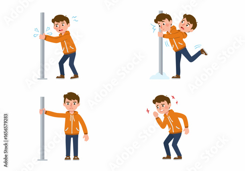 Young boy's tongue gets painfully stuck to a frozen metal pole in a series illustrating a common winter mishap.