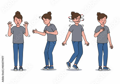 Woman experiencing symptoms of anxiety, panic attack, and dizziness, showing emotional distress and physical discomfort.