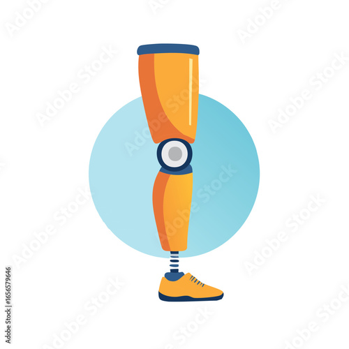 Prosthetic Leg Illustration with Shoe in Orange and Blue Colors Against a Light Blue Circle
