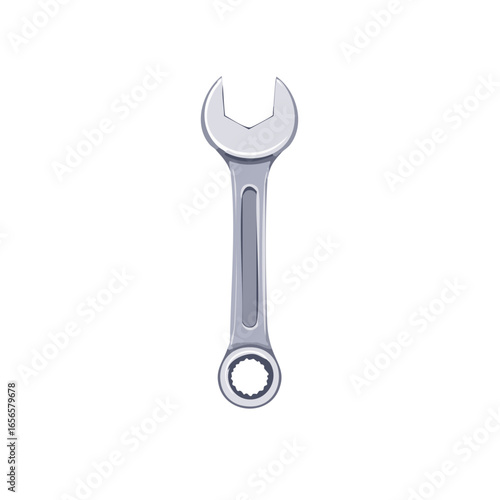 Single silver colored combination wrench with open end and box end on white