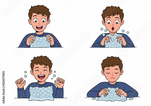 A young boy's emotional journey while popping bubble wrap, from initial excitement and joy to eventual sadness as the fun comes to an end.