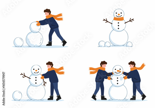 Process of building a snowman illustration, showing steps from stacking snowballs to adding facial features and arms, a fun winter activity.