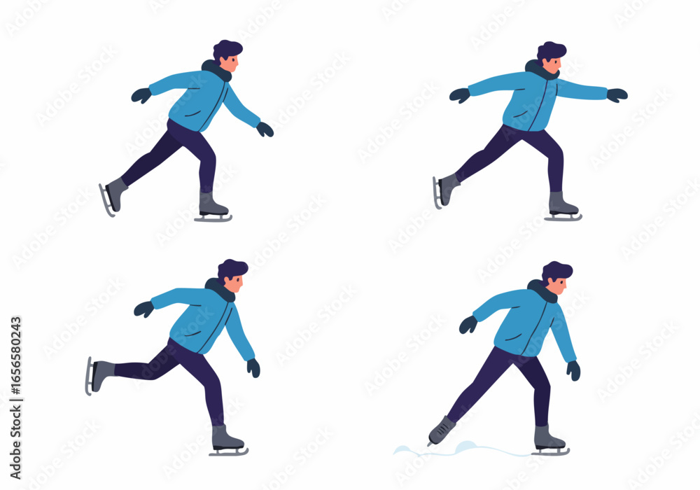 Obraz premium Illustration of a Man Ice Skating: Various Poses Demonstrating Winter Sports and Leisure Activity on a White Background.