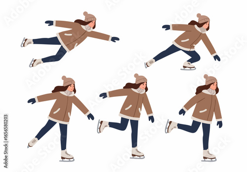 Happy young woman ice skating in various dynamic poses, enjoying winter sports and recreational activities on ice.