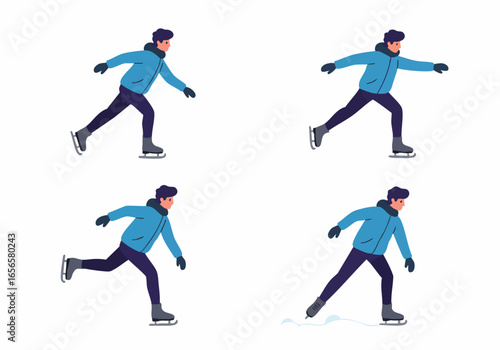 Illustration of a Man Ice Skating: Various Poses Demonstrating Winter Sports and Leisure Activity on a White Background.
