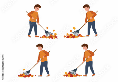 Man raking autumn leaves, illustrating fall yard work and seasonal outdoor chores on a white background.