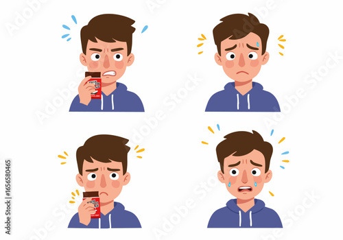 Young man's progression of unpleasant reactions to a bad-tasting food, showing disgust, worry, and sadness.
