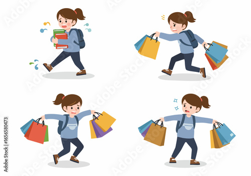 Illustration set of a young girl burdened by school books and struggling with numerous heavy shopping bags, depicting stress and exhaustion.