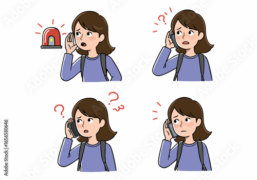 Woman reacts to an alarm and phone calls with expressions of confusion and worry, illustrating a crisis or emergency situation.