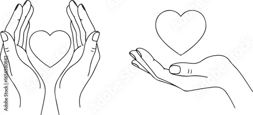 Line Art Illustrations of Hands Holding and Offering a Heart Shape love care