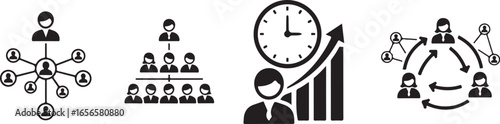 Business Organization and Time Management Icons with Hierarchy and Growth teamwork