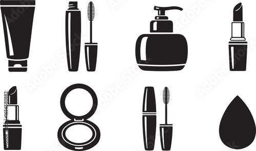 Black Silhouette Icons of Makeup and Beauty Products on White Background cosmetic