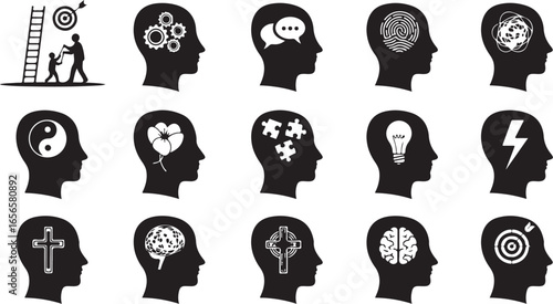 Human Head Silhouettes with Icons Representing Thoughts and Ideas profile