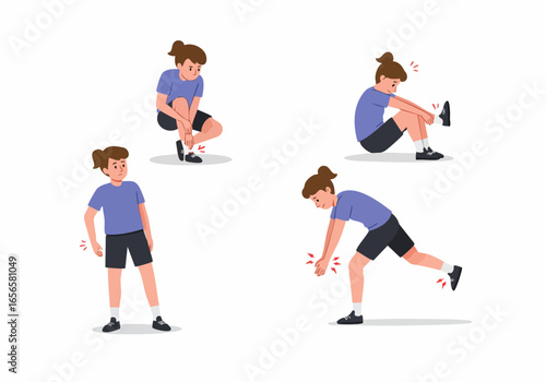 Illustration depicting a person experiencing various types of body pain and injuries, including ankle sprain, wrist pain, and leg discomfort, often associated with sports or physical activity.