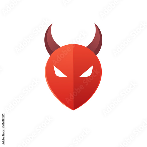 Stylized Red Devil Face Featuring Horns and Piercing White Eyes in a Minimalist Vector Graphic