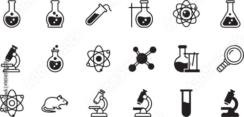 Collection of Science and Laboratory Icons with Beakers Microscopes and Atoms flask