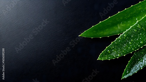 Fresh green aloe vera leaves with water drops on dark background, natural organic skincare ingredient for cosmetics and medicine.
