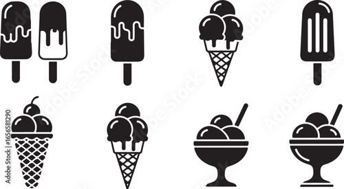 Assortment of black and white ice cream icons in cones and cups dessert sweet