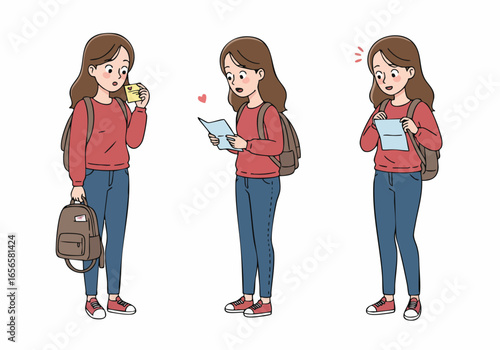 Illustration of a Young Woman's Emotional Journey: Surprise, Curiosity, and Joy Upon Receiving a Special Message or Invitation.