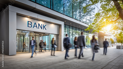 Business professionals walking towards modern bank entrance in city