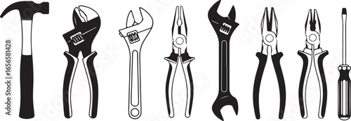 Assortment of Black Silhouette Hand Tools on White Background hardware construction