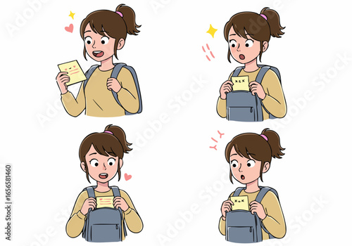 Happy and surprised student cartoon illustration reacting to positive and negative notes found in her backpack, depicting emotional journey.