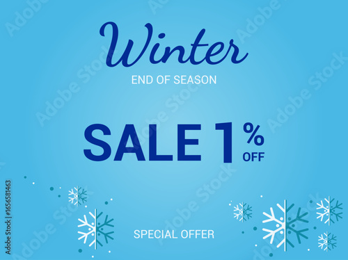 1% off sale banner. One percent special offer. Winter sale banner. Winter End of Season Sale Background Design. Vector Template for advertising, web and social media.