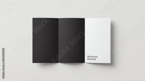 Tri-fold brochure mockup with two black outer panels and one open white inner panel, displayed on a flat surface 