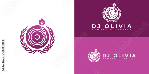 A stylish logo for a female DJ, featuring the letter O designed as a vinyl record, surrounded by elegant laurels, forming a sophisticated and memorable emblem.