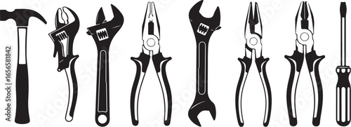 Collection of Silhouetted Hand Tools Including Hammer Pliers and Wrenches adjustable wrench