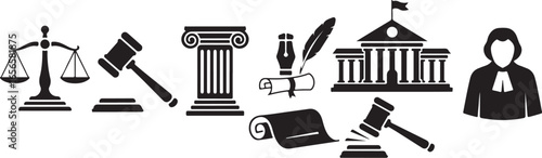 Legal Icons Featuring Scales of Justice Gavel Courthouse and Judge vector illustration