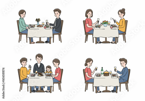 Awkward and uncomfortable dining experiences showing couples, friends, and families in various states of unhappiness and tension.