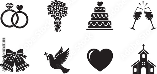 Wedding Icons Including Rings Cake Flowers Bells Dove and Church marriage wedding rings