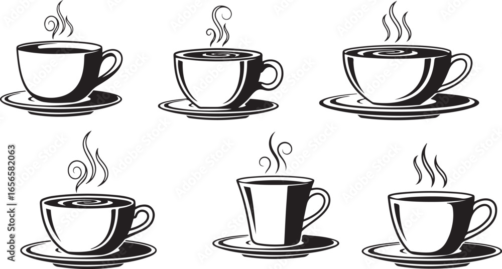 Obraz premium Six Stylized Black and White Illustrations of Steaming Coffee Cups on Saucers hot drink