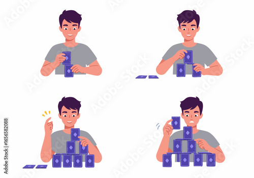 Man building a house of cards, illustrating skill, balance, and the risk of collapse in a step-by-step process.