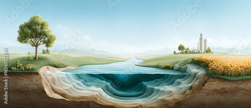 Sectional landscape water underground soil tree field rural nature peaceful showing cross section of land with water and countryside