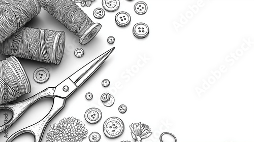 Tailor's Essentials: An elegantly sketched display of tailoring tools, featuring spools of thread, buttons, and a classic pair of scissors, evoking the art of craftsmanship.