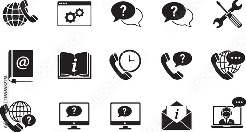 Set of black and white icons for customer support and communication including phone globe