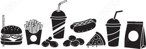 Assortment of fast food icons including burger, fries, hot dog, pizza, and drinks