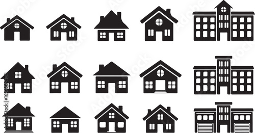 Collection of black house and building icons on a white background home silhouette