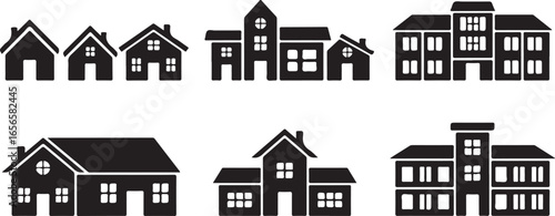 Set of black silhouette icons depicting various types of houses and buildings home