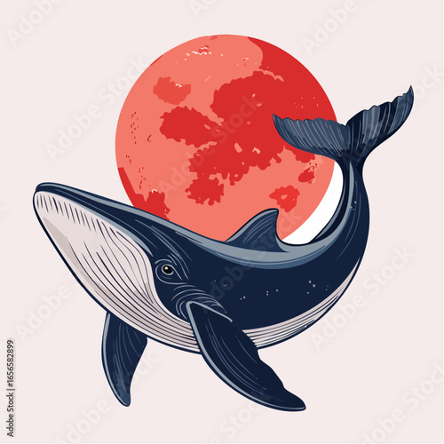 Whale and Red Moon in Japanese Art Style for design