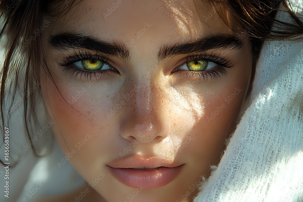 Fototapeta premium Close up portrait of young woman with glowing yellow eyes, freckles, and natural makeup in soft sunlight against white background. Artistic fantasy concept.