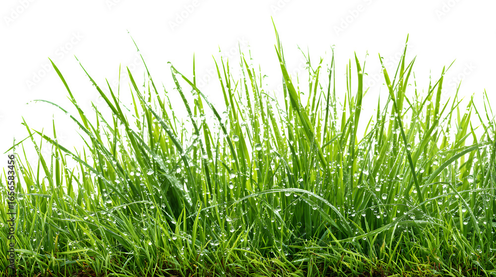 Fototapeta premium fresh wet spring grass with dew isolated on white background, HD realistic