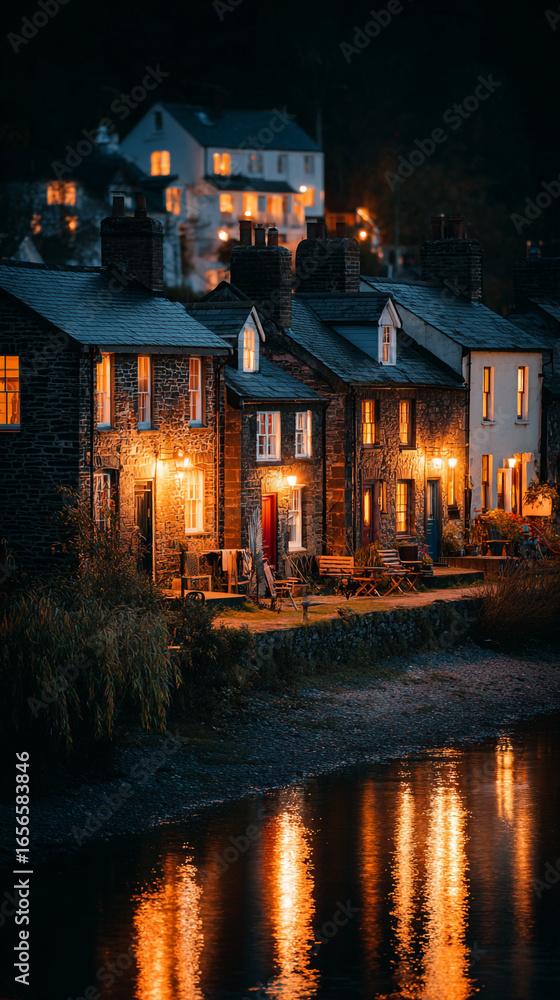 Fototapeta premium Row of houses illuminated at night reflecting in the calm dark water.