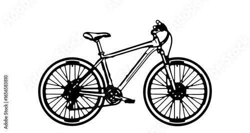 Black and white outline drawing of a mountain bike bicycle for outdoor recreation and fitness exercise