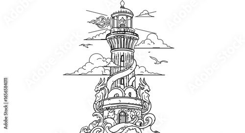 Detailed lighthouse coloring page for adults and kids printable art with dragons and sea waves design drawing